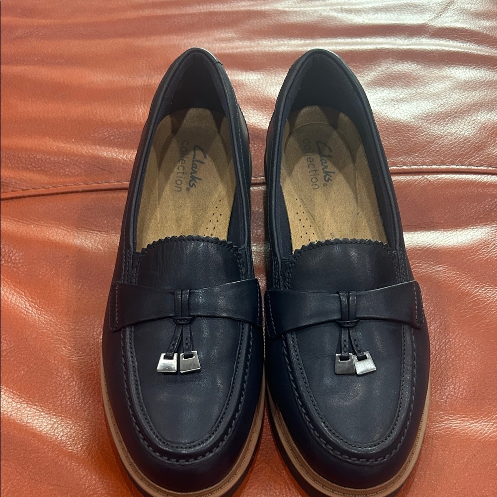 Clarks Navy Leather Tassel Loafers for Women